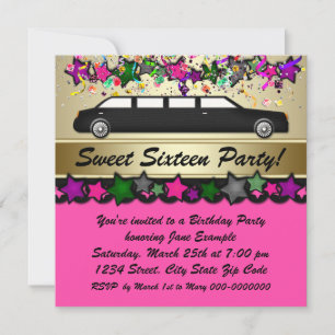 Convites de festa de Sweet Sixteen de limusine ros