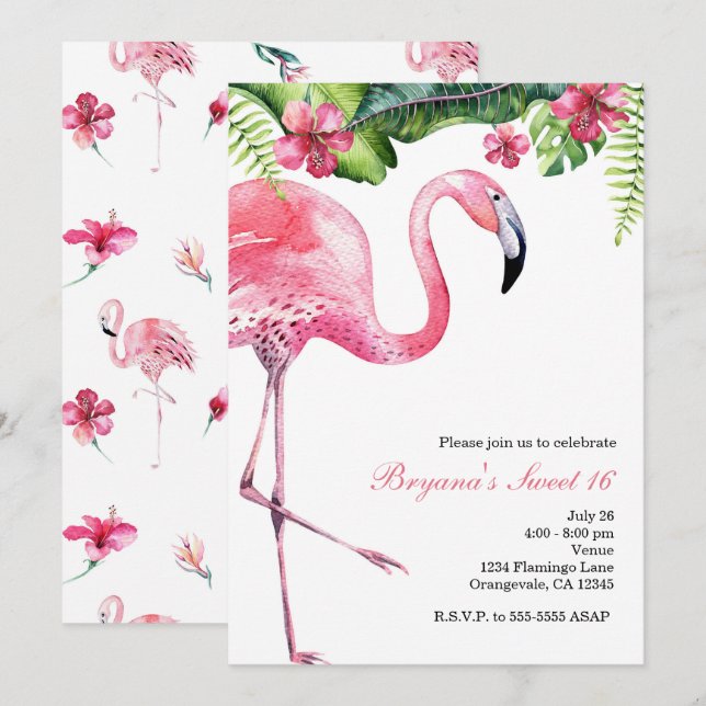 Convites de festa de verão tropical Flamingo Rosa (Frente/Verso)