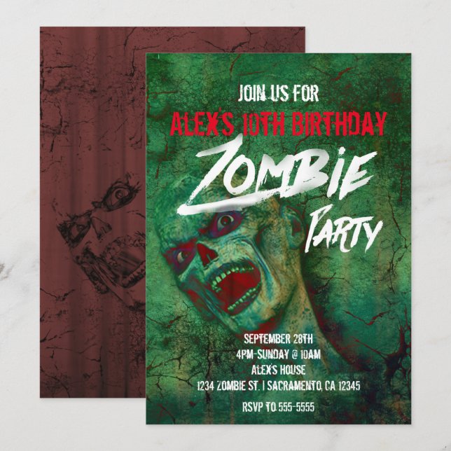 Convites de Festa de Zumbi Verde no Halloween (Frente/Verso)