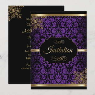 Convites de festa DIY em damasco Roxo, Dourado e P