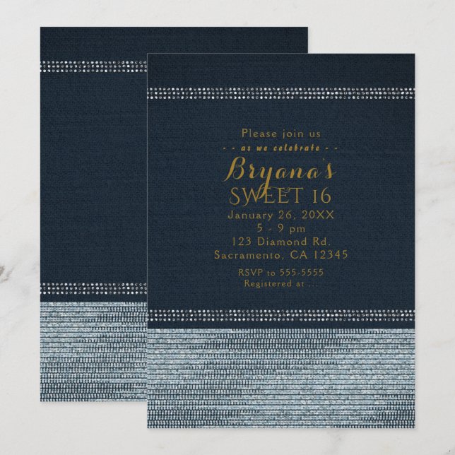 Convites de festa Glam Bling Denim & Diamonds (Frente/Verso)