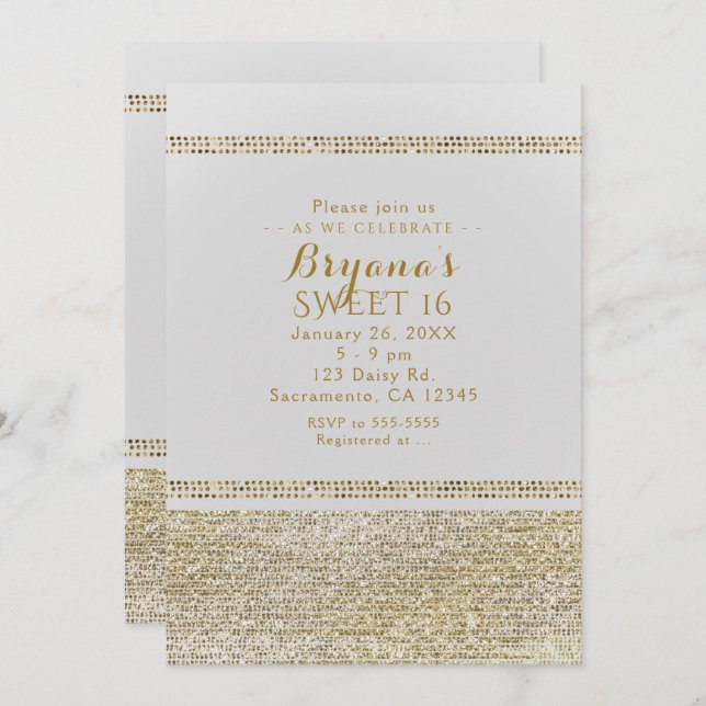 Convites de festa Glam Chic Dourado e Branco Espel (Frente/Verso)