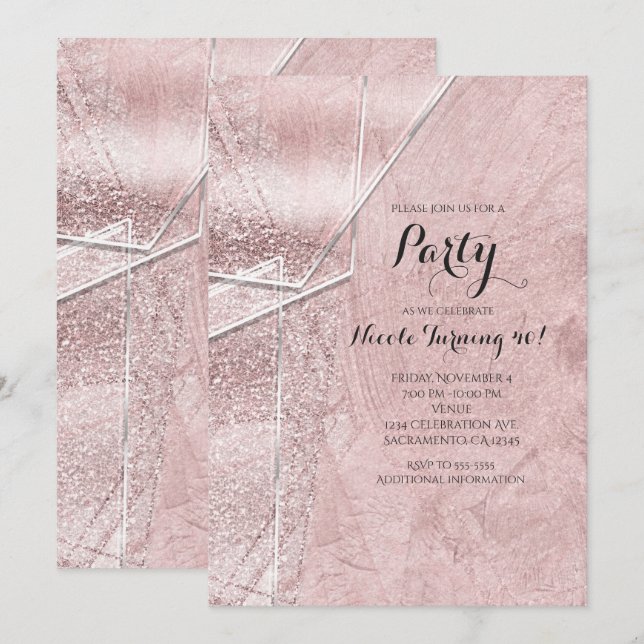 Convites de festa Glam Pink Shimmer Cristal Vidro (Frente/Verso)