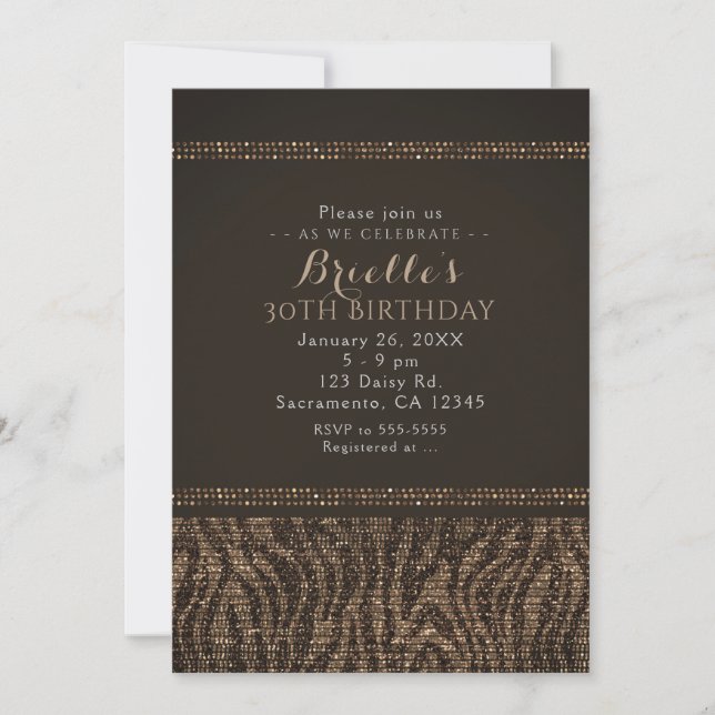 Convites de Festa Glam Zebra Brilho Marrom Dourado (Frente)