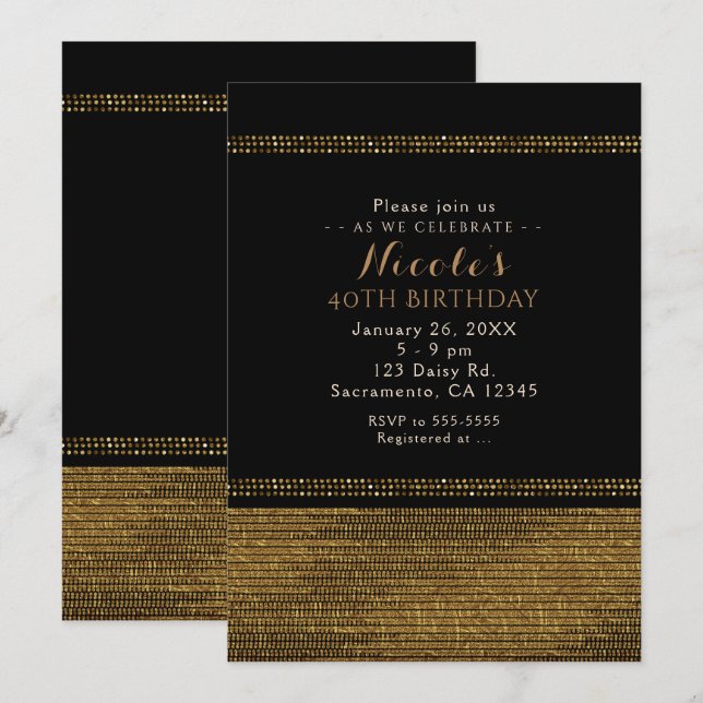 Convites de festa Glamour Brilhante Chic Preto e D (Frente/Verso)