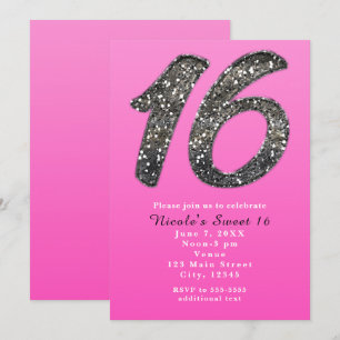Convites de festa glitter prata Sweet 16 rosa