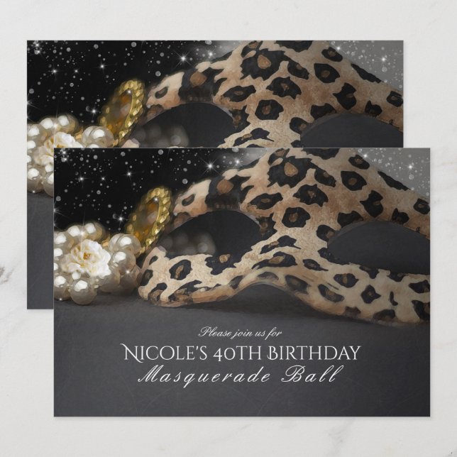 Convites de Festa Máscara de Leopardo e Pérolas (Frente/Verso)