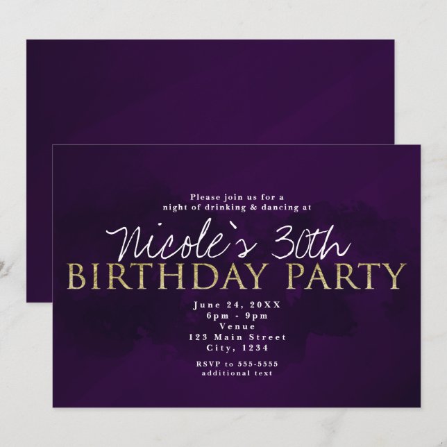 Convites de Festa Modernos Glam Purple Black & Gol (Frente/Verso)