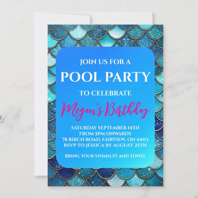 convites de festa na piscina de sereia (Frente)