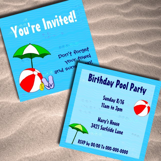 Convites de festa personalizados com tema de pisci (Beach or Pool Party Custom Invitations)