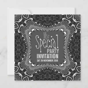 Convites de festa preto e branco Groovy Damask Twi