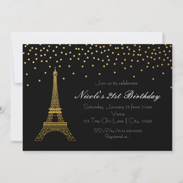 Convites de festa preto e dourado da Torre Eiffel  (Frente)