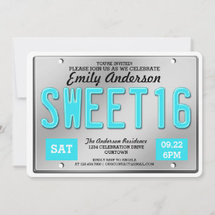 Convites de festas Aqua License Plate Sweet 16