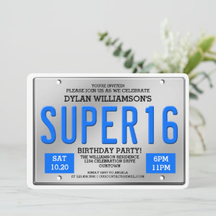 Convites de festas Blue License Plate Super 16