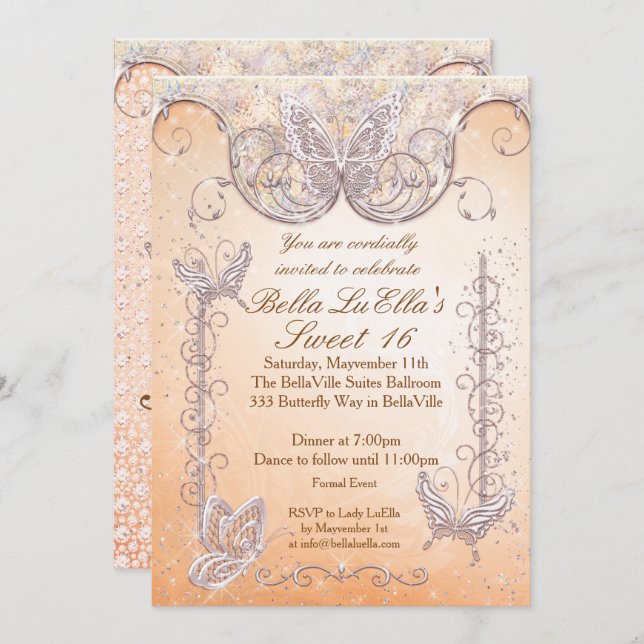 Convites de festas da borboleta Diamond (Frente/Verso)