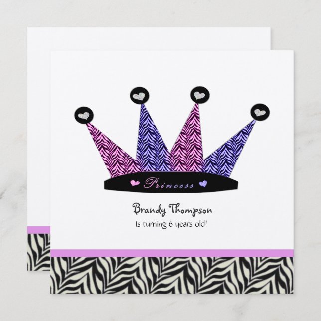 Convites de festas da Princesa Zebra (Frente/Verso)