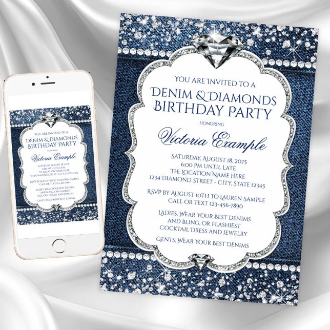 Convites de festas de aniversários Denim e Diamond (Denim diamond birthday party and event invitation. Instant download & printed invitations available)