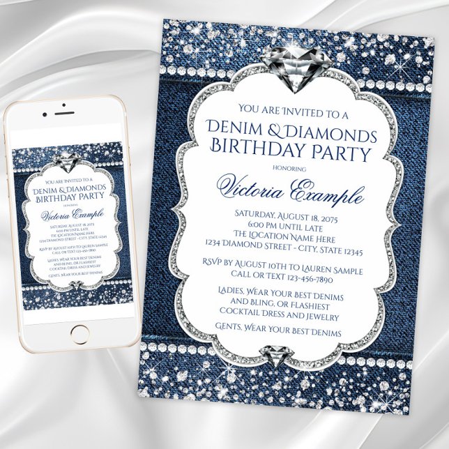 Convites de festas de aniversários Denim e Diamond (Denim diamond birthday invitation. Instant download and printed invitations available.)