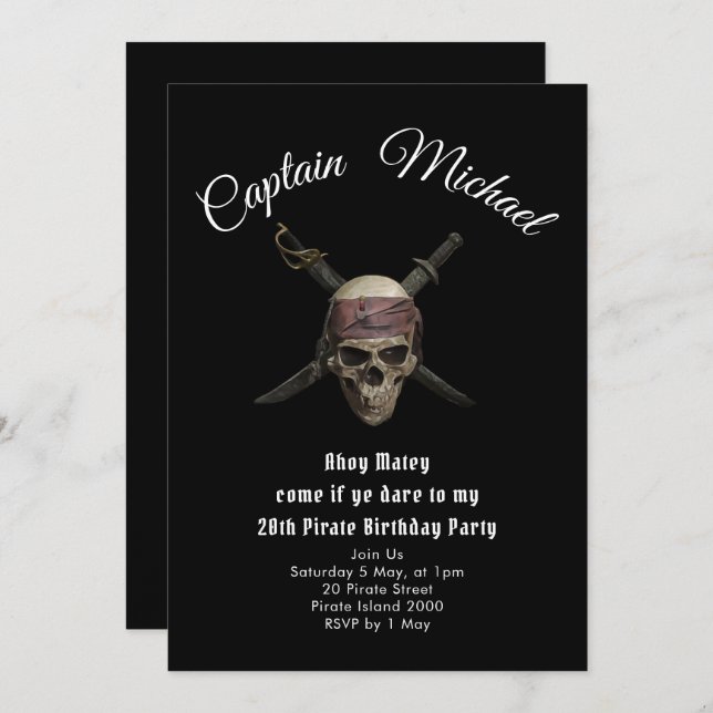 Convites de festas de aniversários piratas Jolly R (Frente/Verso)