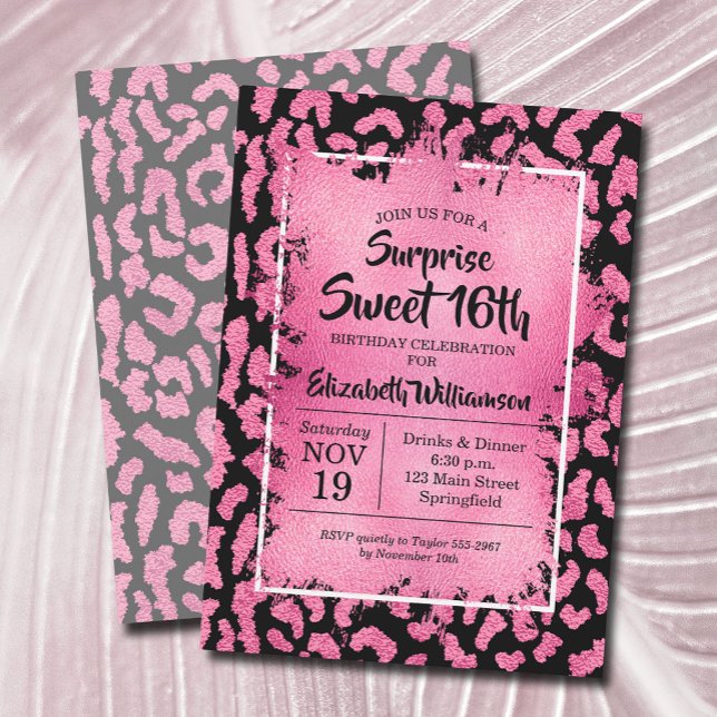 Convites de festas de aniversários rosa-leopardo 1 (Pink and black leopard surprise 16th birthday party invitations, PRINTED and/or INSTANT DOWNLOAD)