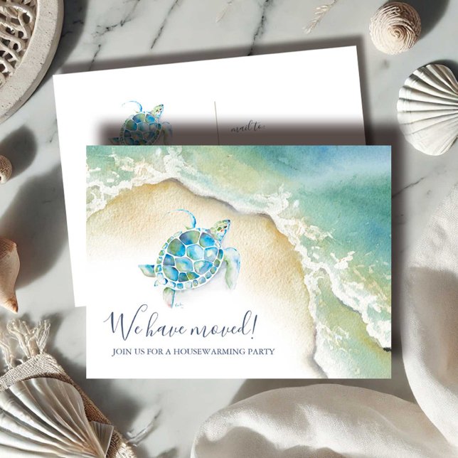 Convites de festas de Aquecimento de Praia (housewarming invitations beach watercolor sea turtle art by Victoria Grigaliunas of Do Tell A Belle)