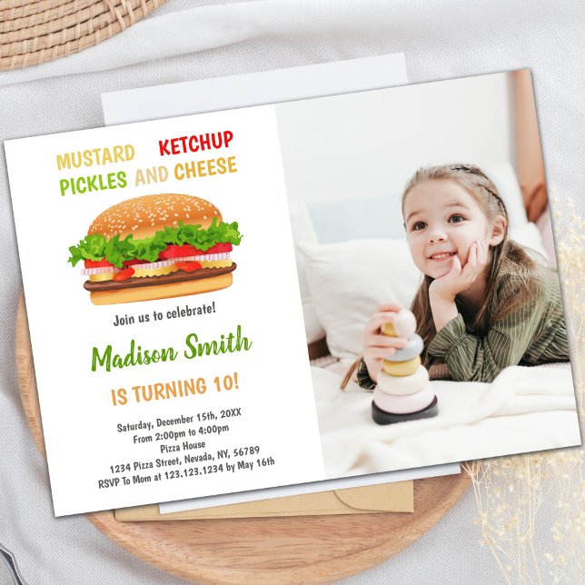 Convites de festas de Burger Personalizáveis para  (Burger Birthday Invitations with photo)
