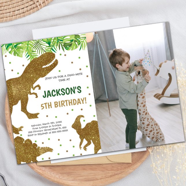 Convites de festas de dinossauro personalizáveis p (Dinosaur Birthday Invitations with photo)