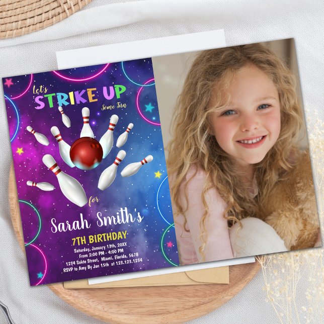 Convites de festas de diversão personalizáveis par (Rainbow Bowling Birthday Invitations w photo)