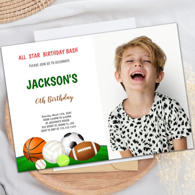Convites de festas de diversão personalizáveis par (All Star Bash Sports Birthday Invitations w photo)