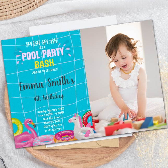 Convites de festas de diversão personalizáveis par (Pool Bash Birthday Invitations with photo)