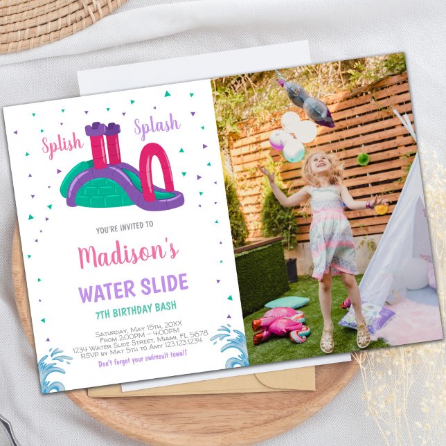 Convites de festas de diversão personalizáveis par (Purple Pink Water Slide Birthday Invitations photo)
