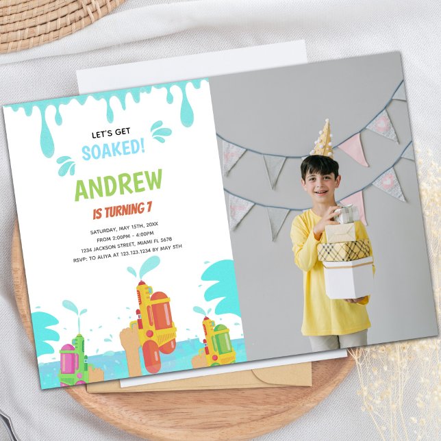 Convites de festas de diversão personalizáveis par (Orange Water Gun Birthday Invitations w photo)