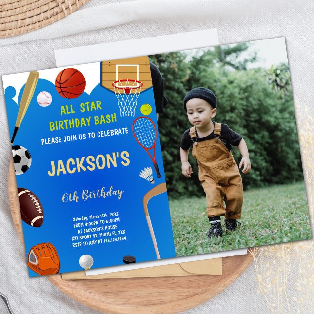 Convites de festas de diversão personalizáveis par (Blue Background Sports Birthday Invitations photo)