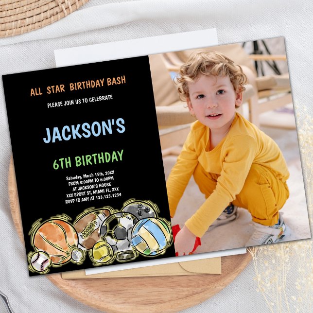 Convites de festas de diversão personalizáveis par (Black Sports Birthday Invitations with photo)