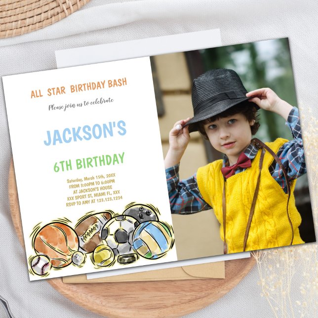 Convites de festas de diversão personalizáveis par (Watercolor shake Sports Birthday Invitations photo)