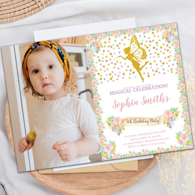 Convites de festas de Fada Personalizáveis para Cr (Glitter Fairy Birthday Invitations with photo)
