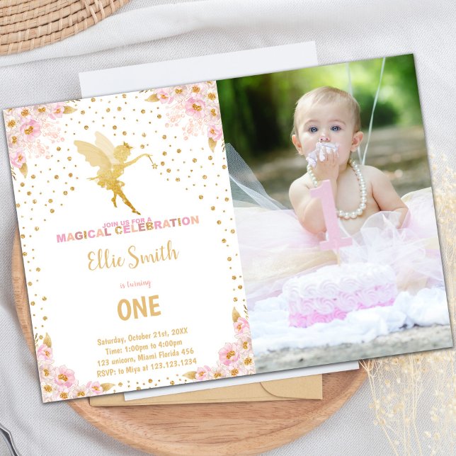 Convites de festas de Fada Personalizáveis para Cr (Floral Glitter Fairy Birthday Invitations w Photo)
