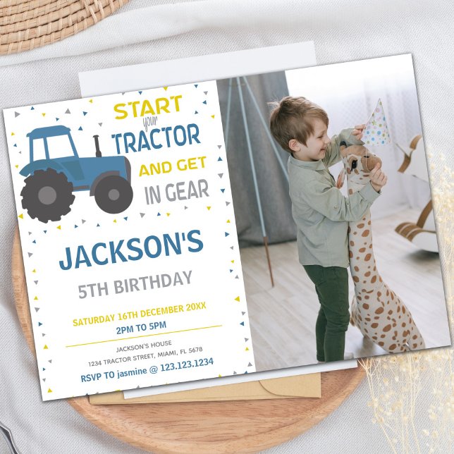 Convites de festas de Fazenda personalizáveis para (Blue Tractor Birthday Invitations with photo)