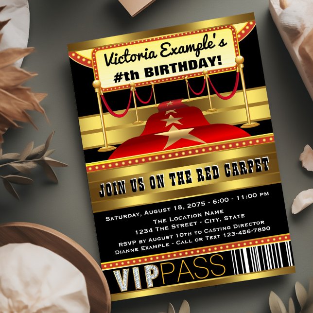 Convites de festas de Hollywood Red Carpet (Red carpet birthday party invitation. Red, black and gold red carpet invitations for any occasion.)