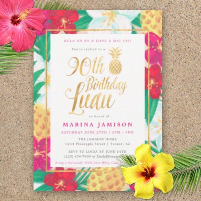 Convites de festas de Luau de 90 Dourado (90th Birthday Luau Invitation )