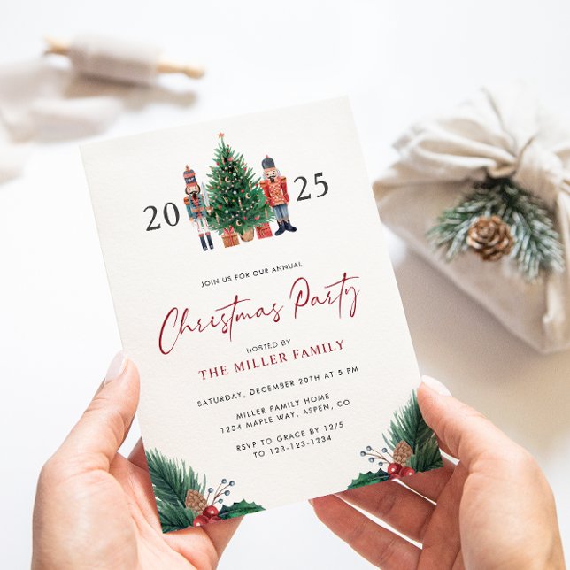 Convites de festas de Natal Botânico de Aquarela (2025 Nutcracker Watercolor Botanical Christmas Party Invitations by Painted Paperie
)