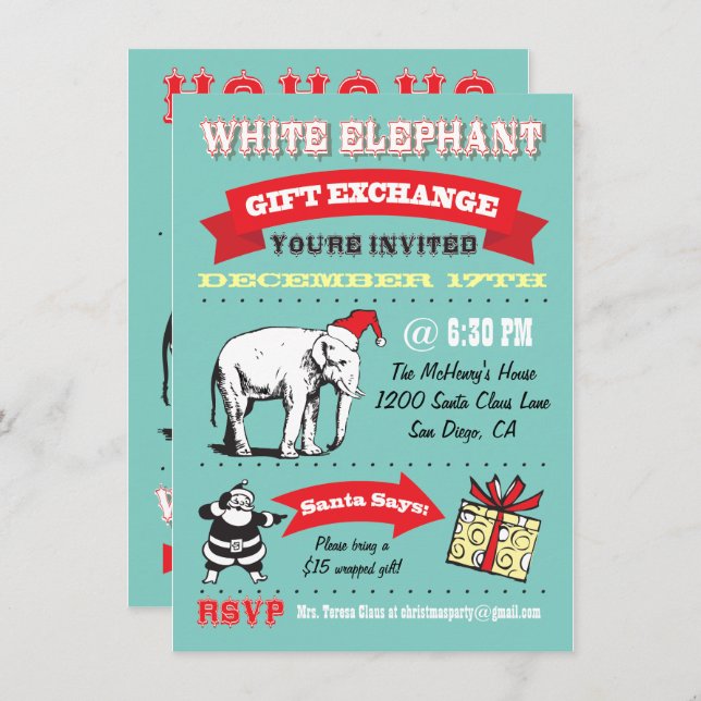 Convites de festas de Natal de Elefante Branco Ret (Frente/Verso)
