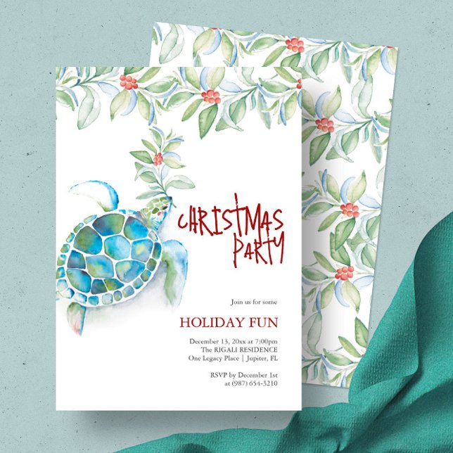 Convites de festas de Natal de praia (Beach Christmas invitation watercolor sea turtle art by Victoria Grigaliunas of Do Tell A Belle)