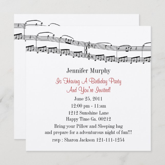 Convites de festas de Notas de Música (Frente/Verso)