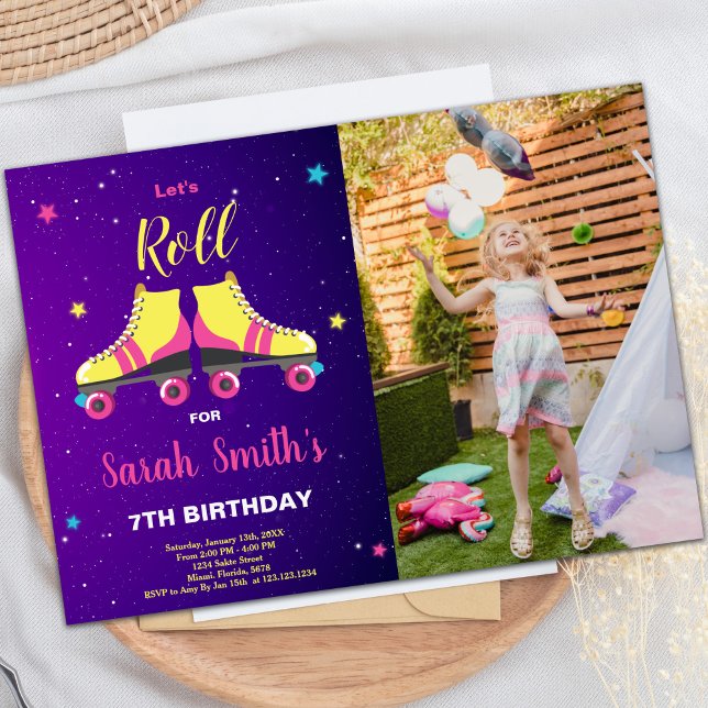 Convites de festas de patinação personalizáveis pa (Pink Roller birthday invitations with photo)
