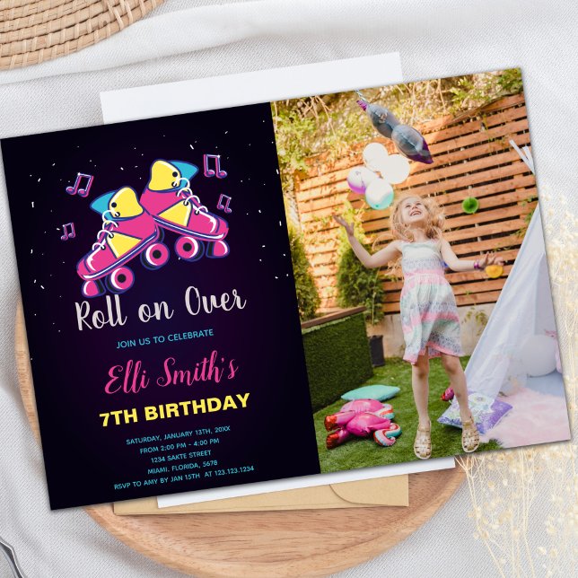 Convites de festas de patinação personalizáveis pa (Pink Yellow Skate Invitations with photo)