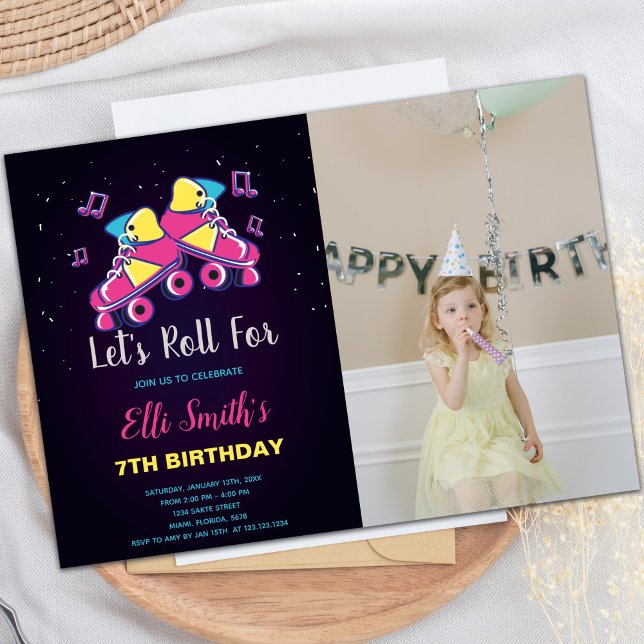 Convites de festas de patinação personalizáveis pa (Pink Skate invitations with photo)