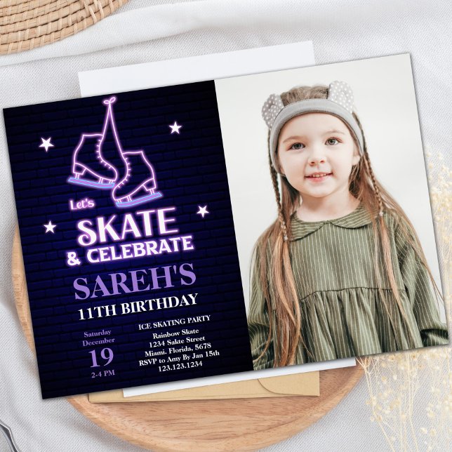 Convites de festas de patinação personalizáveis pa (Ice Skating Birthday Invitations with photo)