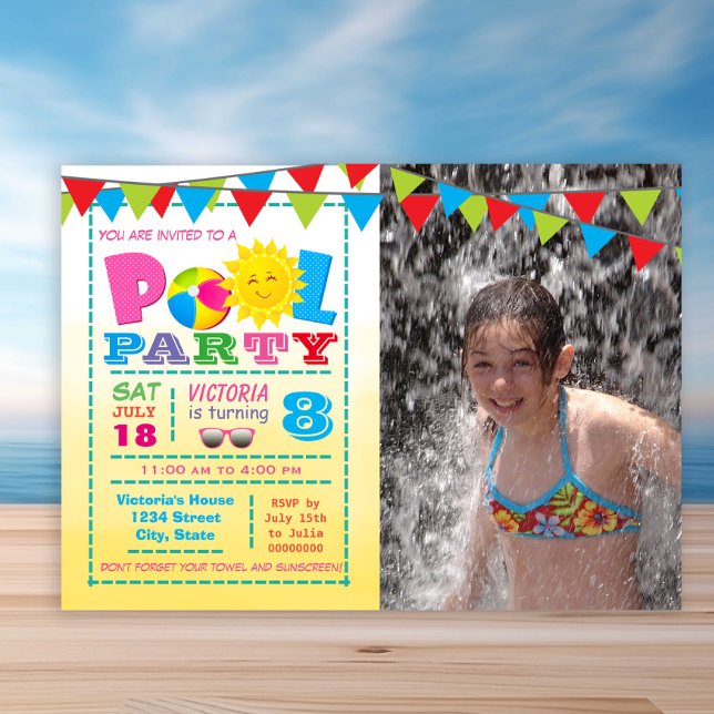 Convites de festas de Piscina (Cute any number pool birthday party invitation. Simply add your details and photo.)