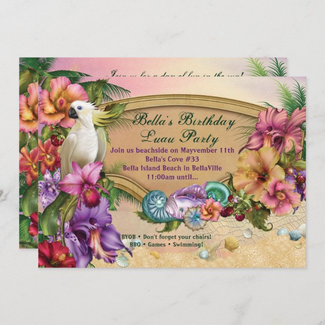 Convites de festas de Praia e Luau (Frente/Verso)